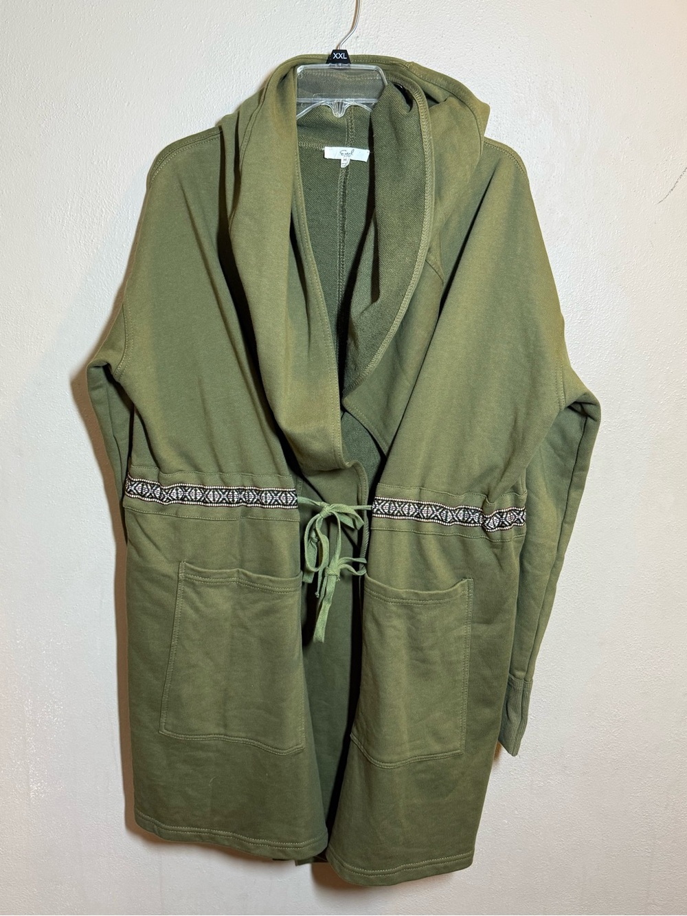 Women’s Easel Army Olive Green Hooded Oversized Tie-Waist Cardigan Sz Med